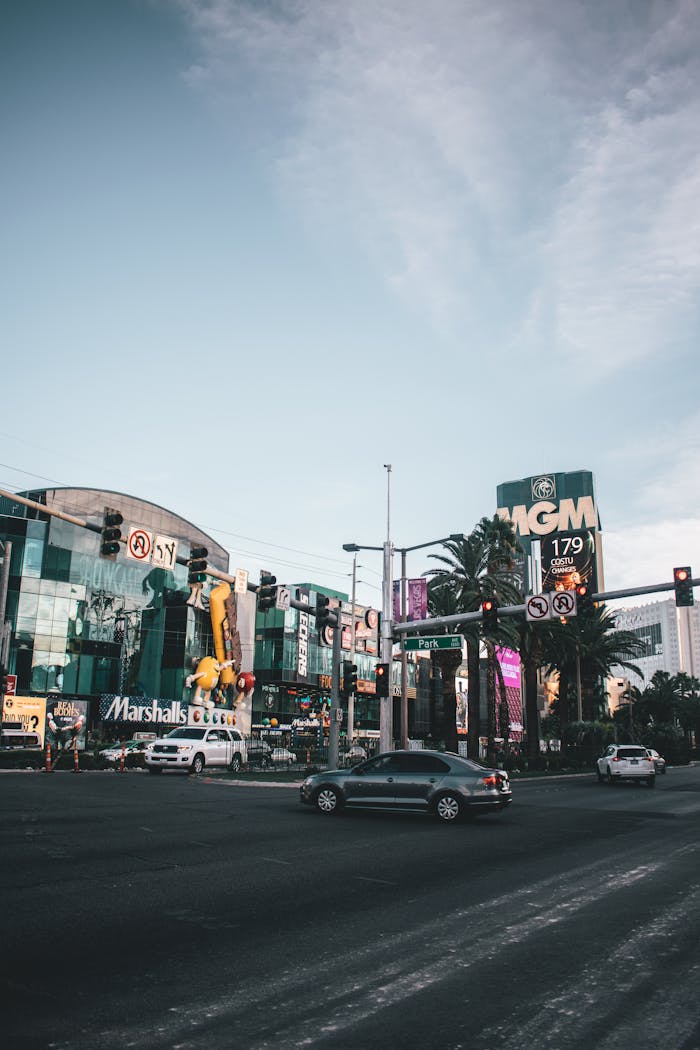 services-01 Vibrant street scene of Las Vegas Strip featuring MGM Grand Hotel and nearby attractions at dusk.